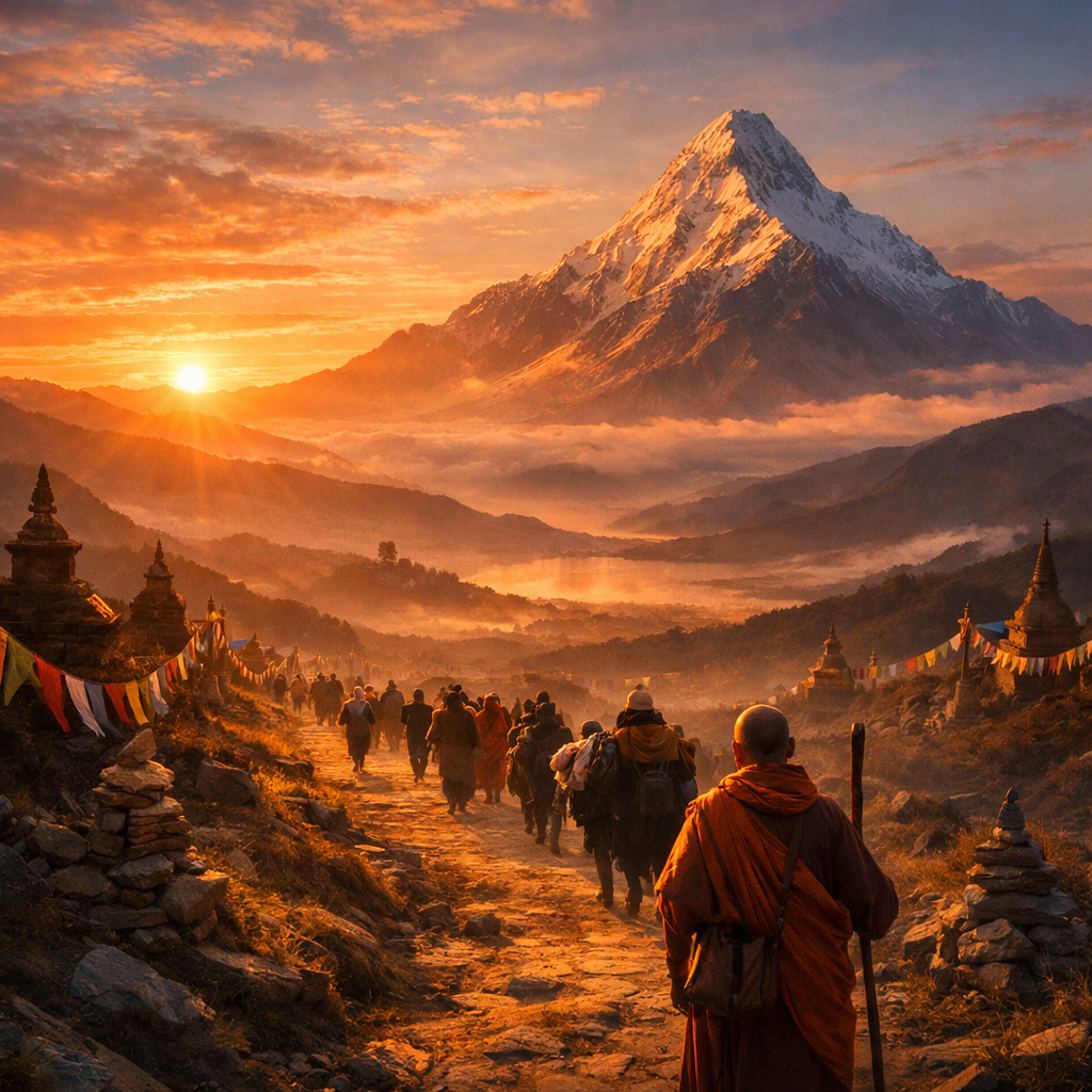 Monks and travelers walking a mountain path at sunrise with prayer flags and a snow-capped peak