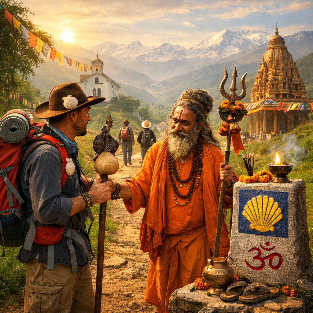 A pilgrim meets a bearded spiritual sage dressed in orange robes beside a Hindu shrine decorated with a trident and Om symbol in a mountainous landscape.
