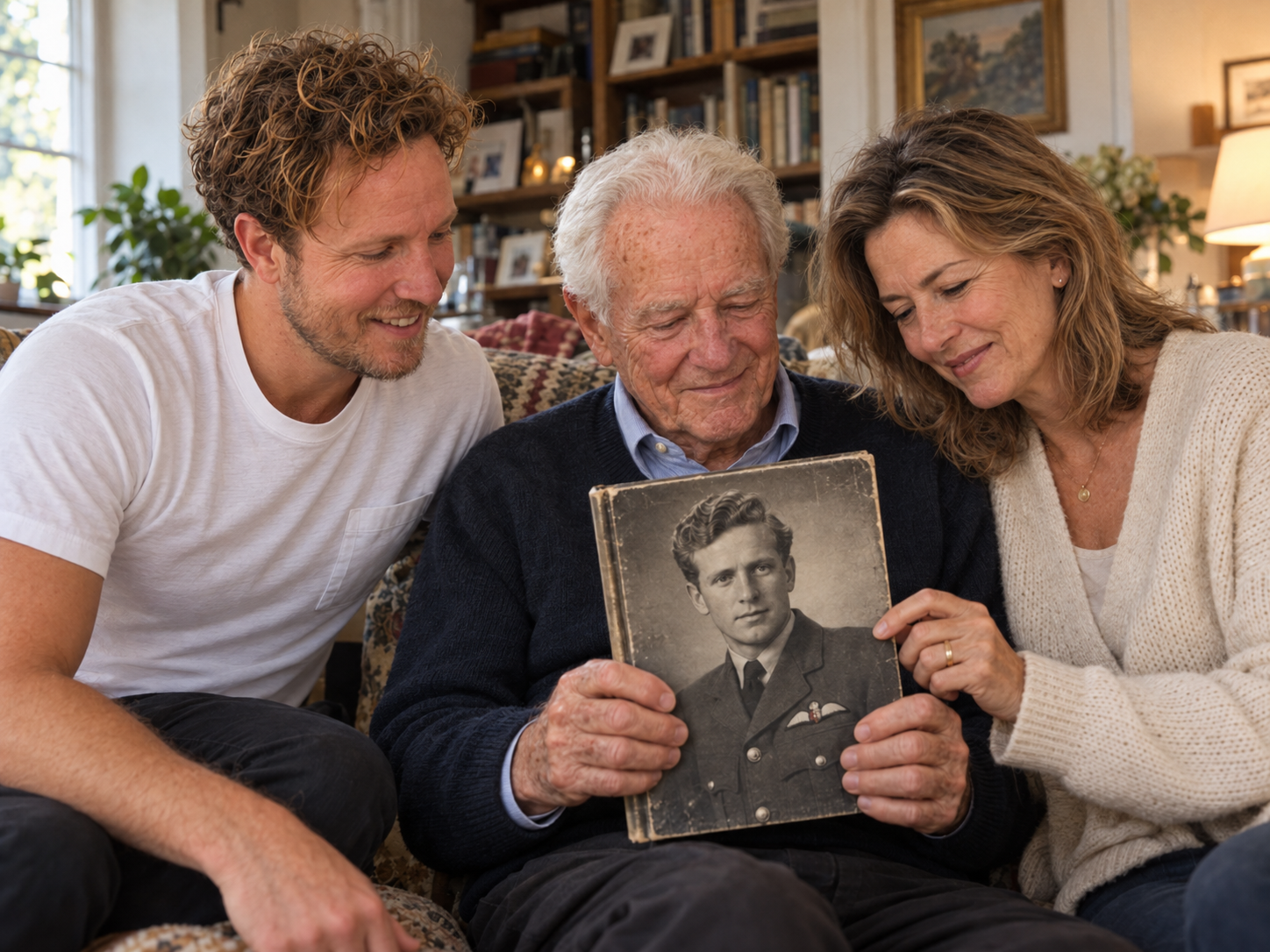 Illustrative scene of Peter, an older storyteller and his daughter looking at a life story book with his younger RAF pilot portrait on the cover